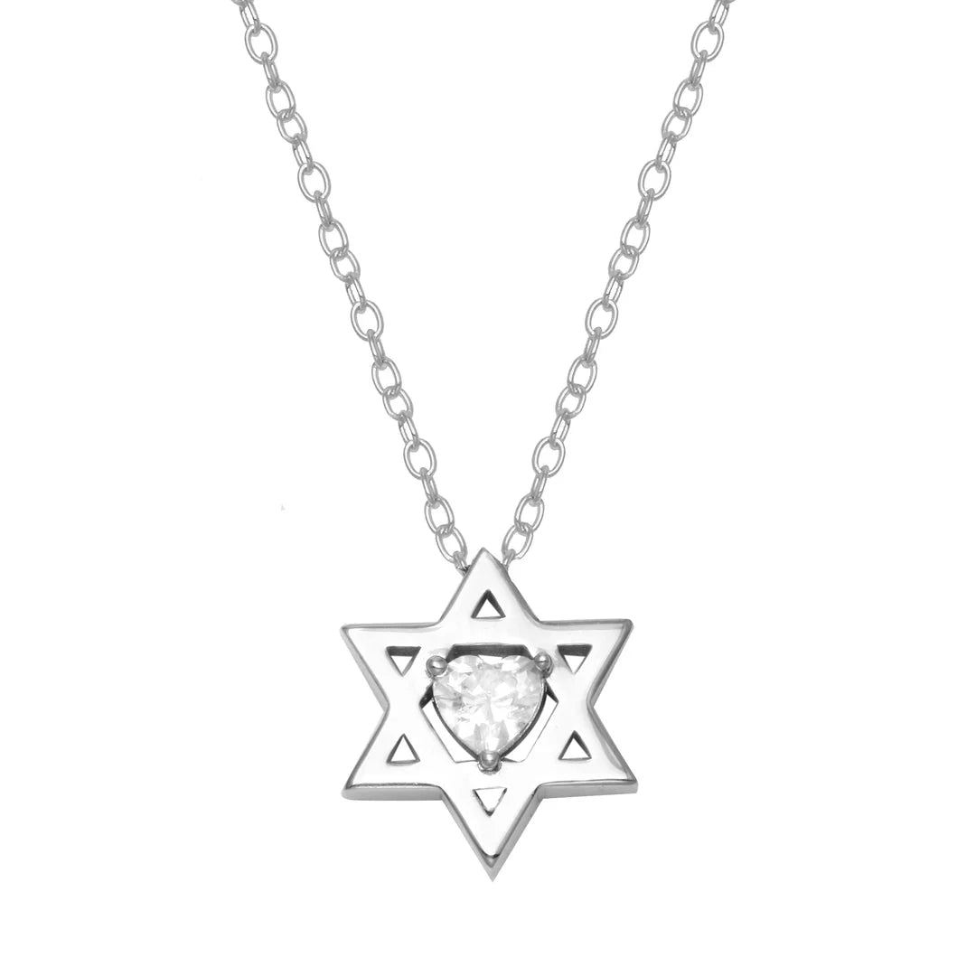 Heart Shape Cz Diamond Star Of David Necklace